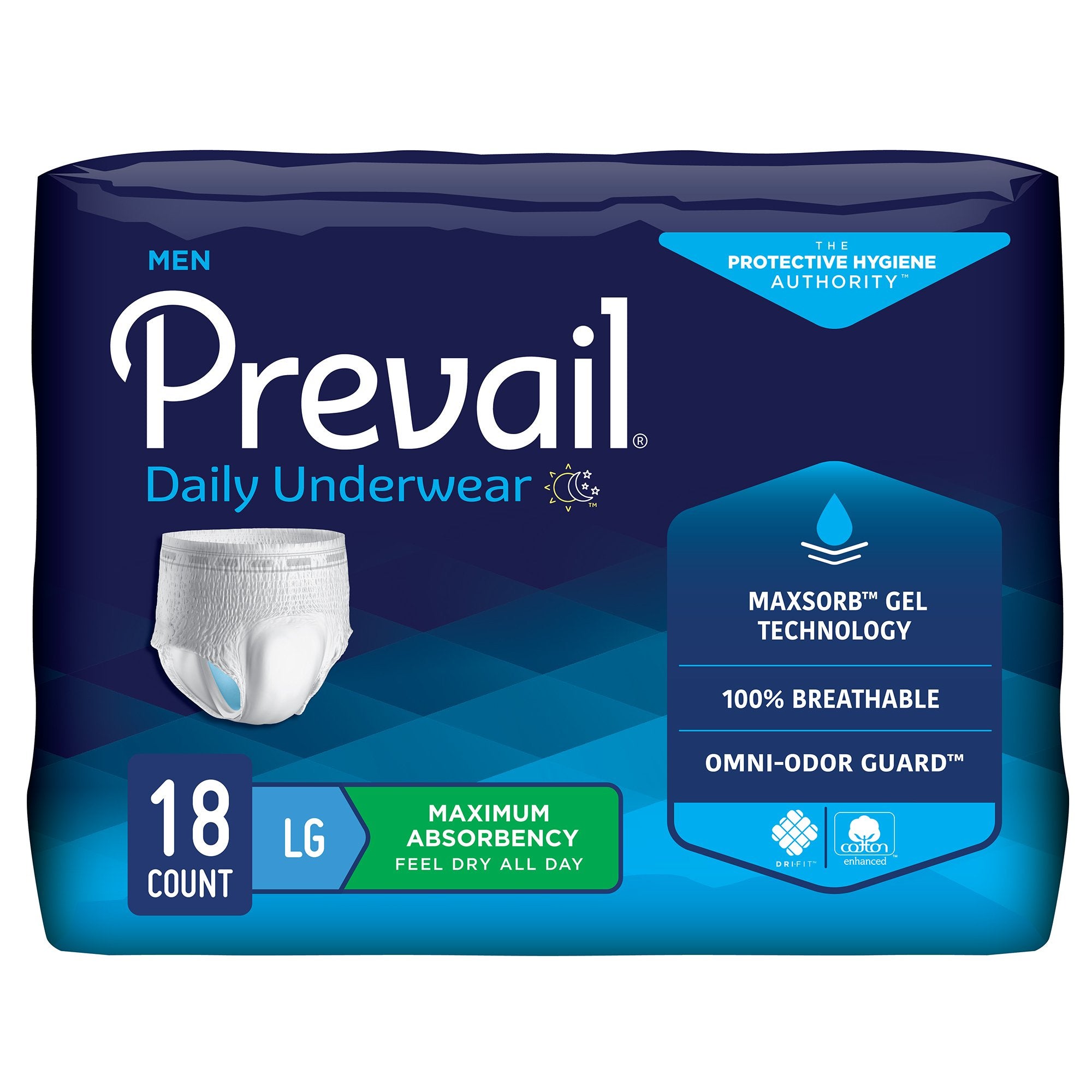 Prevail® Men's Daily Underwear Maximum Absorbent Underwear, Large / Extra Large (18 Units)