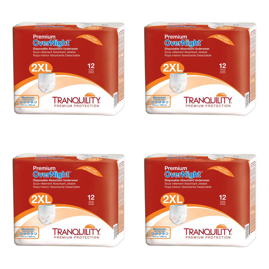 4 Pak Tranquility® Premium OverNight™ Unisex Adult Absorbent Underwear - Pull On with Tear Away Seams Disposable Heavy Absorbency - Free Shipping