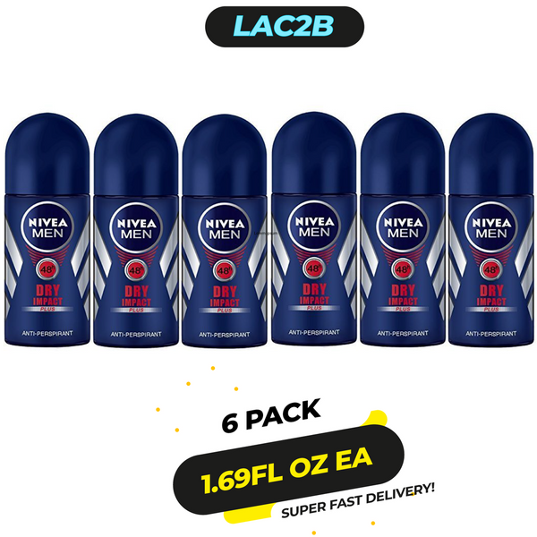 6 Pak Nivea Roll On Dry Impact Deodorant: 48 Hours Protection, Non-Sticky, Non-Greasy Formula with Vitamin E 50Ml / 1.69Fl Oz